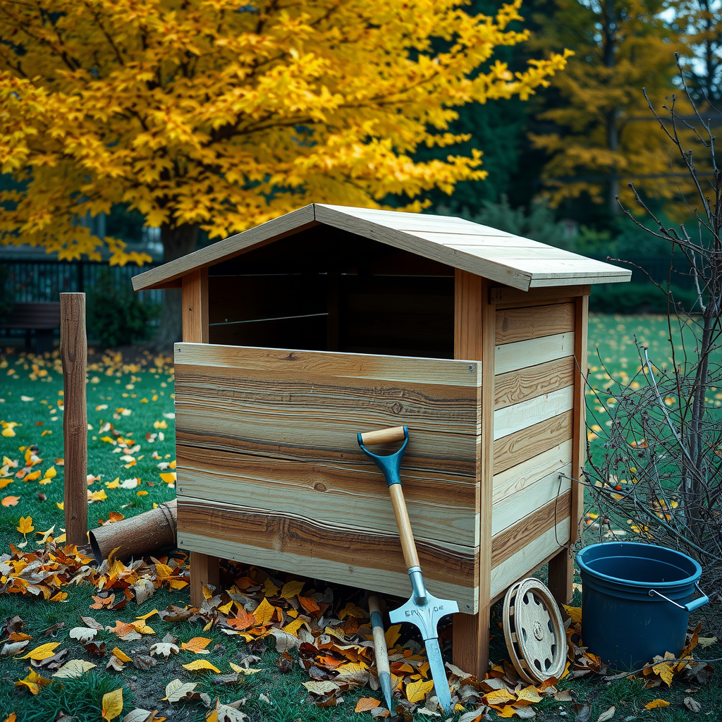 秋の庭に設置された木製のコンポストビン。周囲には色とりどりの落ち葉が散らばり、背景には黄金色に染まった木々が見える。コンポストビンの横には園芸用フォークとバケツが置かれている