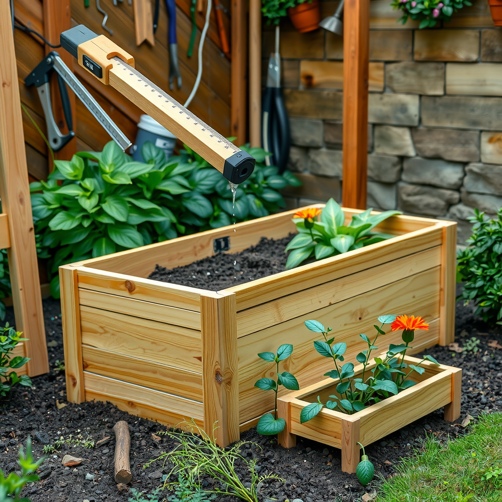 木材で作られた高床式ガーデンベッドの建設過程、測定ツール、ネジ、土壌、小さな庭に設置された完成したベッド