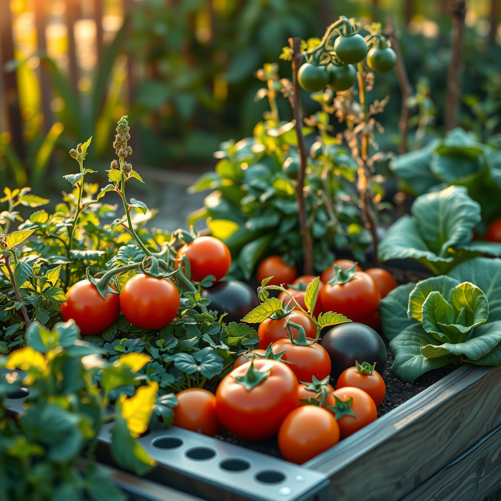 様々な野菜が育つ美しいレイズドガーデンベッド。トマト、レタス、ハーブが豊かに成長し、朝日に照らされている様子