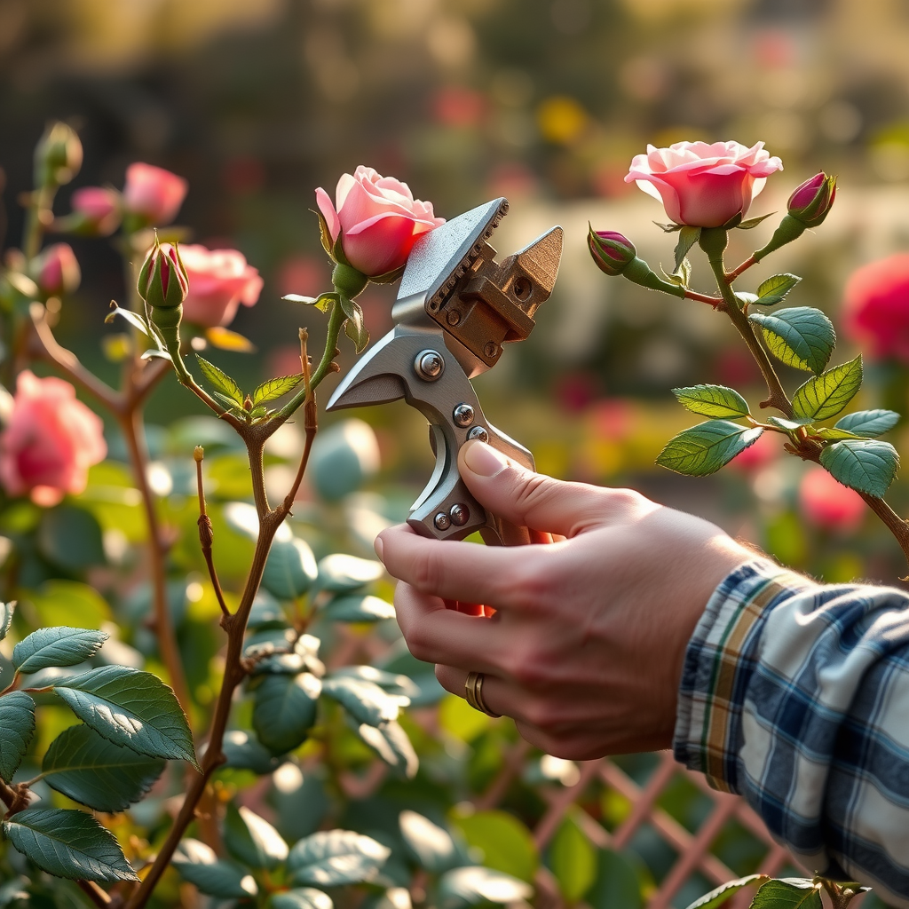 経験豊富なガーデナーが春の庭で高品質な剪定鋏を使用してバラの枝を剪定している様子、朝の柔らかな光の中で作業する手元のクローズアップ