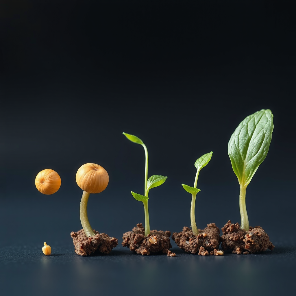 種から苗への成長段階を示す画像。発芽から本葉が出るまでの5つの段階が並んで表示されている