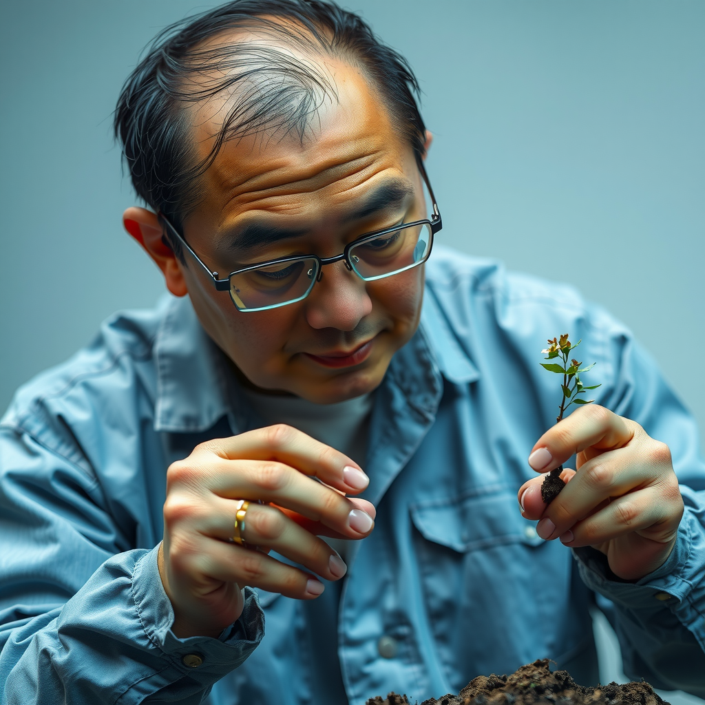 佐藤健二 - 土壌サンプルを調べる男性、専門的な道具を使い、真剣な表情で土の質を確認している様子