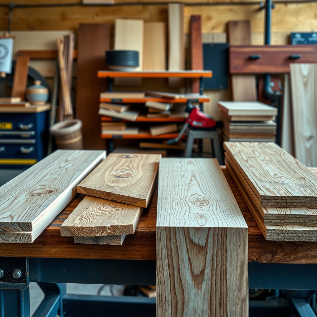 様々な木材サンプルが並べられた作業台。杉材、処理木材、コンポジット材の板が比較のために展示されている