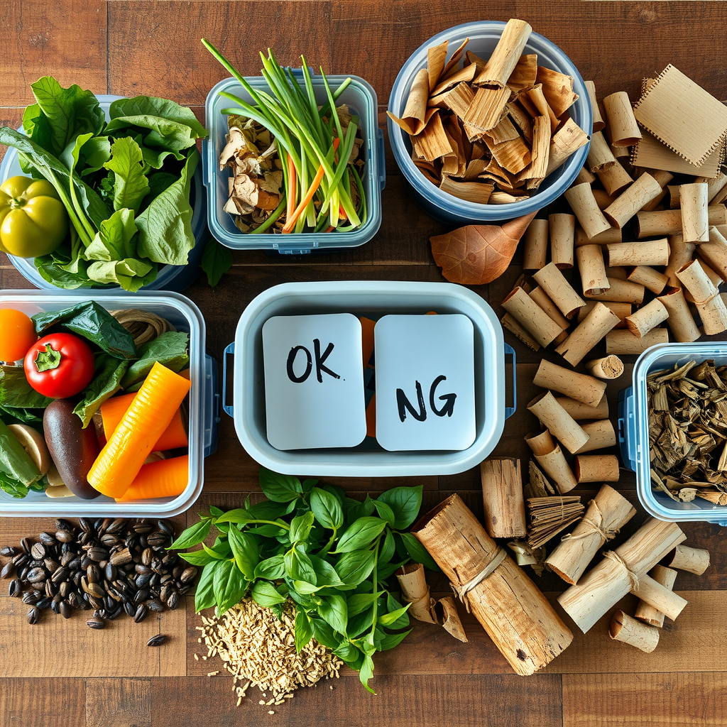 木製のテーブルの上に並べられたコンポスト材料。左側には野菜くず、コーヒーかす、新鮮な草が入った容器。右側には落ち葉、段ボール片、木材チップが入った容器。中央には「OK」と「NG」のラベルが付いた2つのバケツ