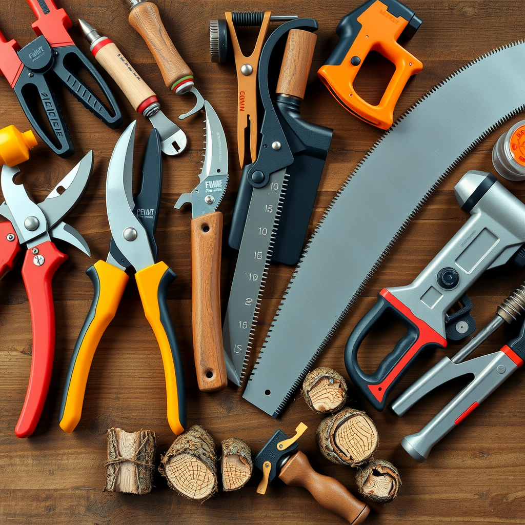 様々な剪定ツールが木製のテーブルに並べられている、剪定ばさみ、ロッパー、のこぎり、メンテナンス用品、切断された枝のサンプル