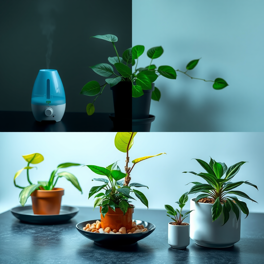 植物の周りに湿度を高める様々な方法。加湿器、水を入れたトレイに小石を敷いた上に鉢を置く方法、植物をグループ化する配置が示されている