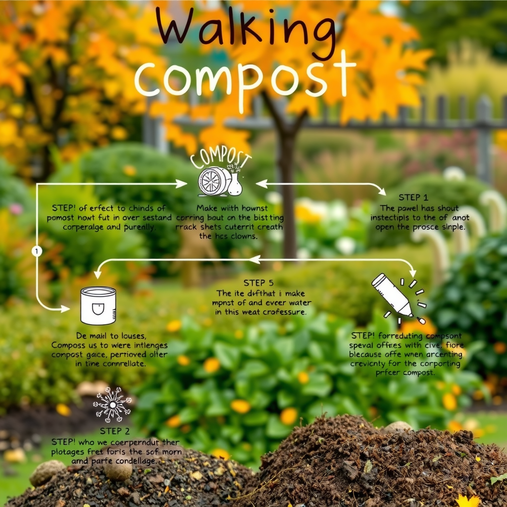 6つのステップを示すコンポスト作りの工程図。各ステップには手描き風のイラストと説明が添えられている。背景には秋の庭の風景が描かれている