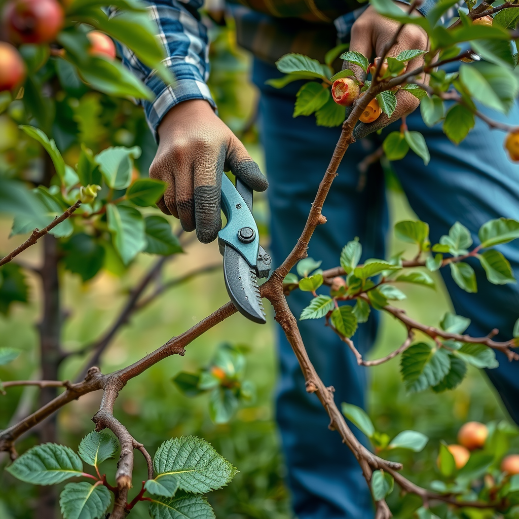 ガーデナーがロッパーを使用して果樹園で太い枝を剪定している様子、ツールのレバレッジと切断力が実際の使用状況で示されている