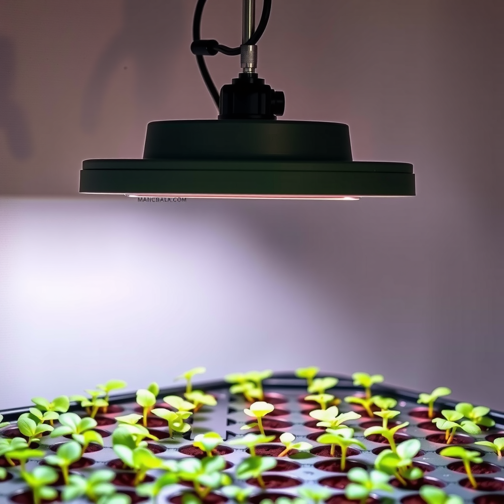 種トレイの上に設置されたLED成長ライト。調整可能なスタンドに取り付けられ、若い苗に均一に光を当てている様子