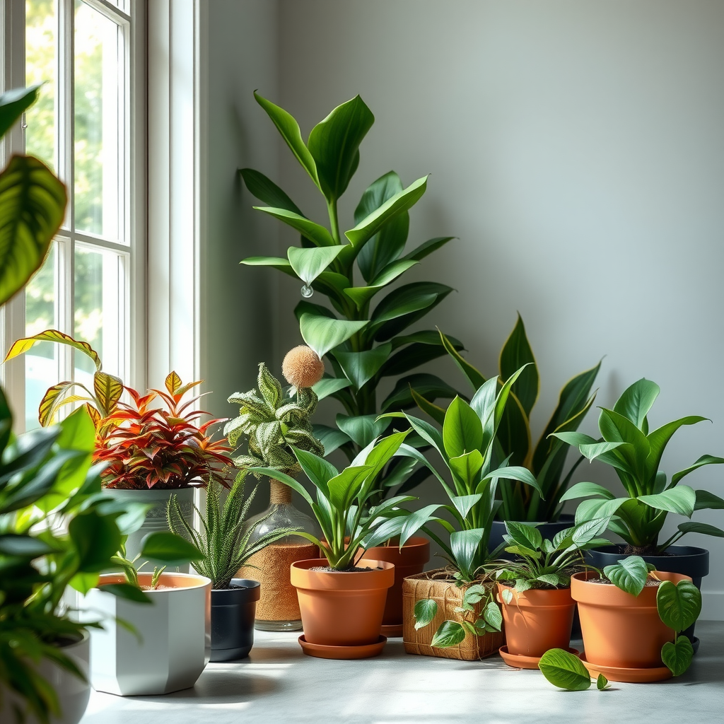 美しく配置された観葉植物のコレクション、様々な種類の緑の植物が窓辺に並び、自然光を浴びている様子