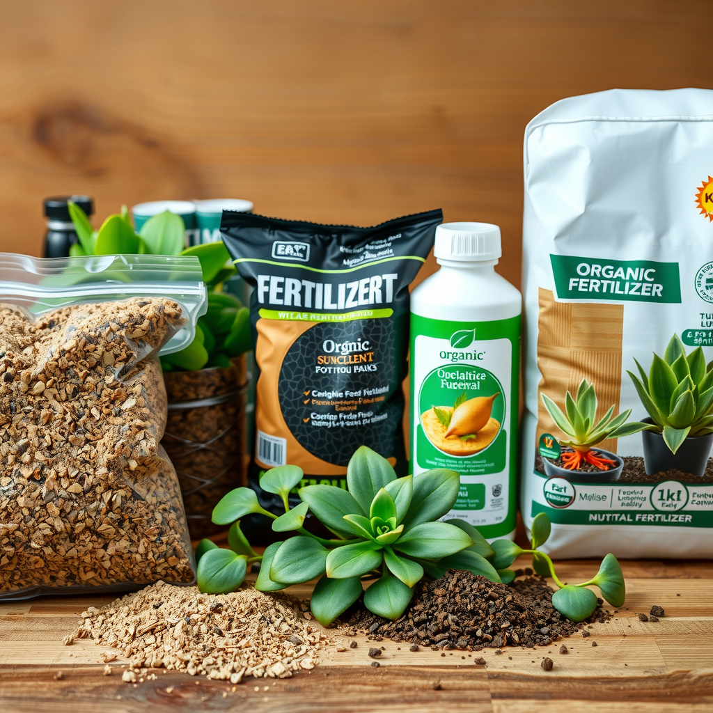 様々な種類の土壌と肥料が並んでいる様子。多肉植物用の砂質土壌、観葉植物用の培養土、有機肥料、液体肥料などが木製のテーブルに配置されている