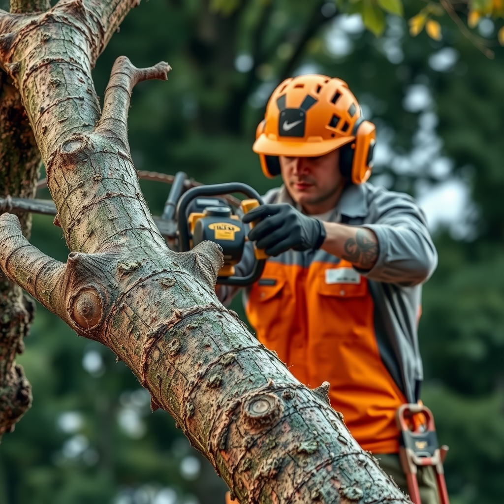 プロのアーボリストが高品質な剪定ノコギリを使用して太い枝を切断する適切な技術を実演している様子、安全な角度と切断方法が示されている