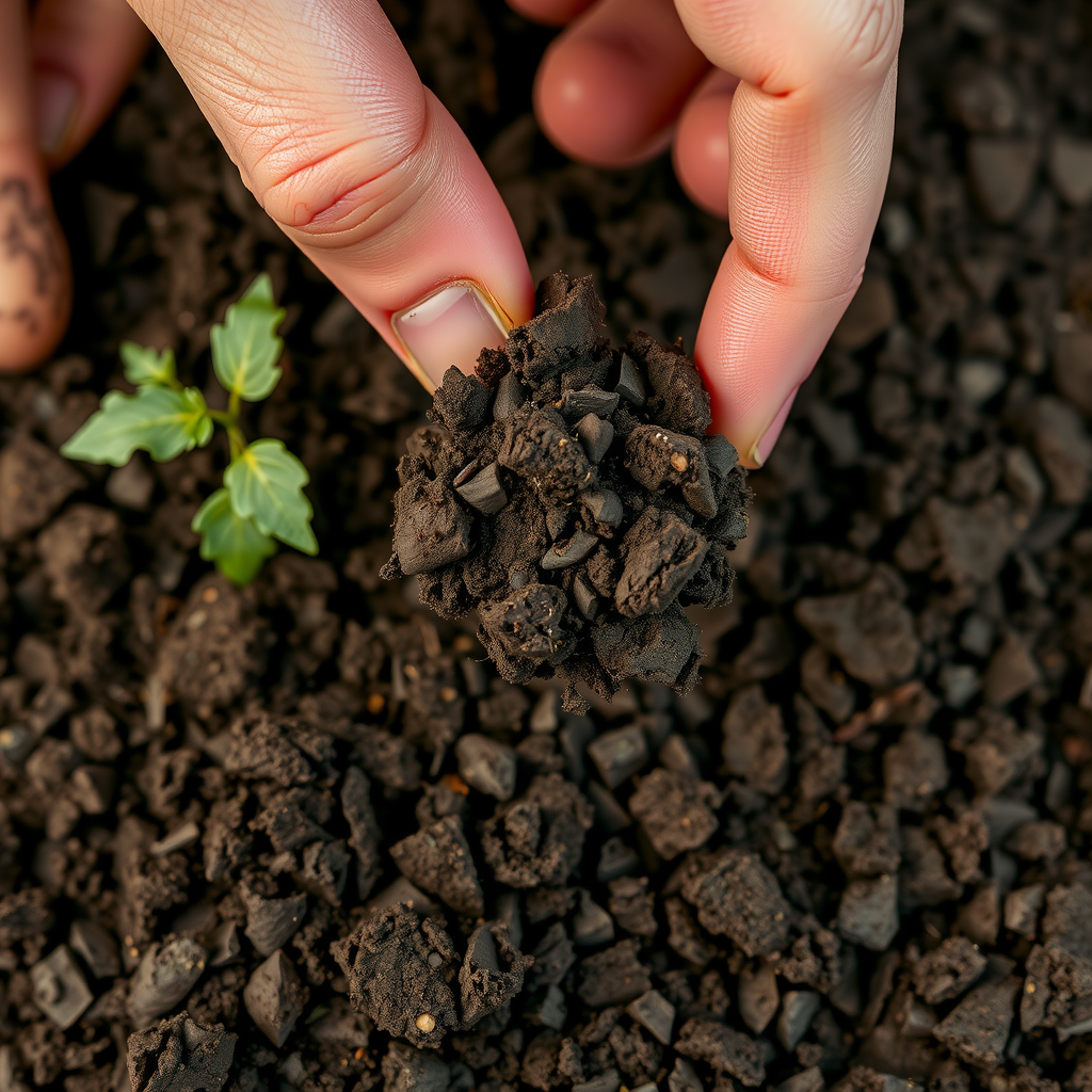 健康な土壌のクローズアップ、豊かな有機物を含む黒褐色の土、手で触れて質感を確認している様子