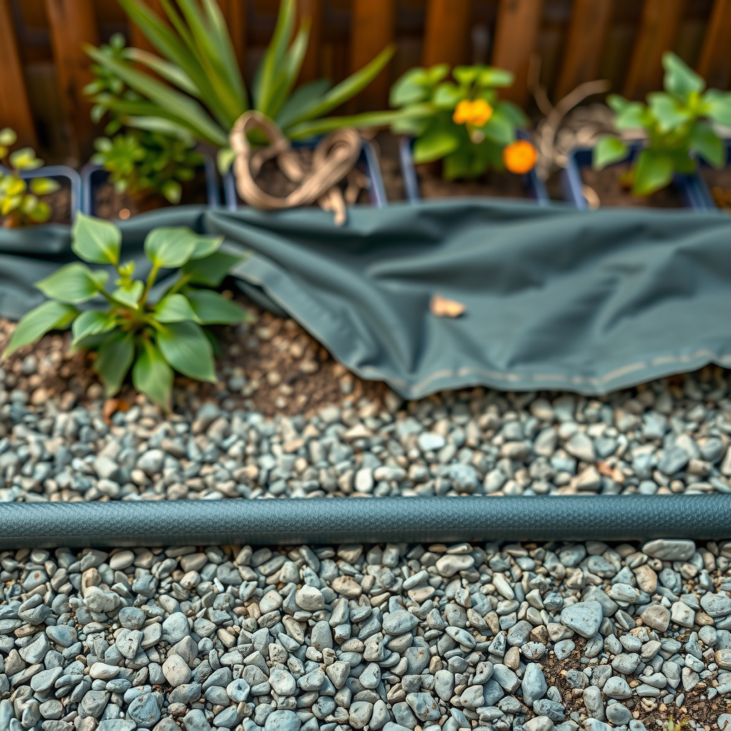 レイズドベッドの底部に砂利層を敷いている様子。排水パイプと防草シートが設置され、適切な水はけを確保している