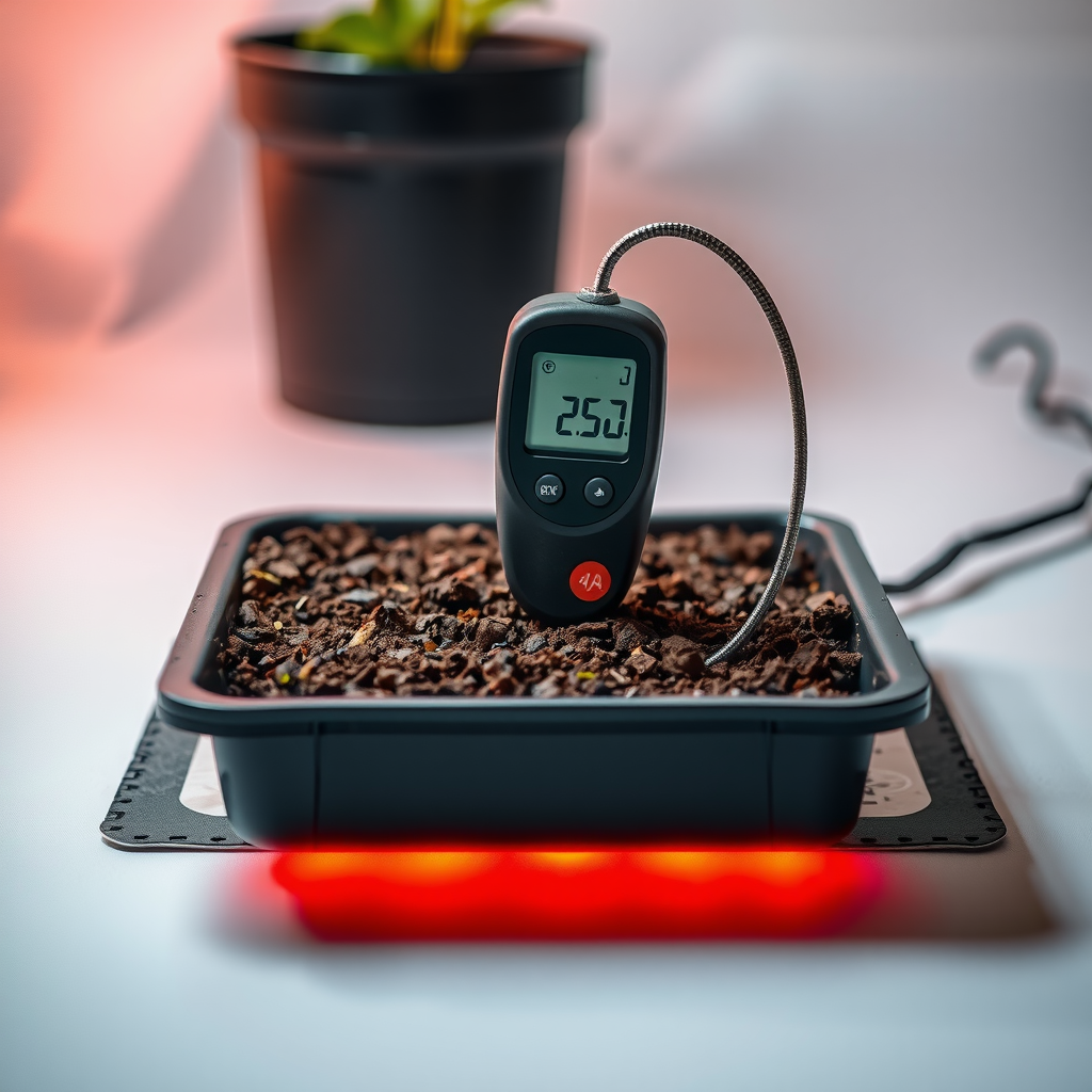 種トレイの下に置かれたヒートマット。土壌温度計が挿入されており、デジタル表示で温度を示している