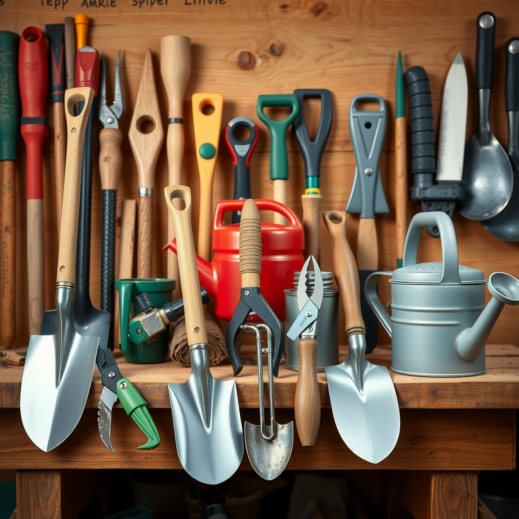 整理されたガーデニングツールのセット、スコップ、剪定ばさみ、じょうろなどが木製の作業台に並んでいる様子