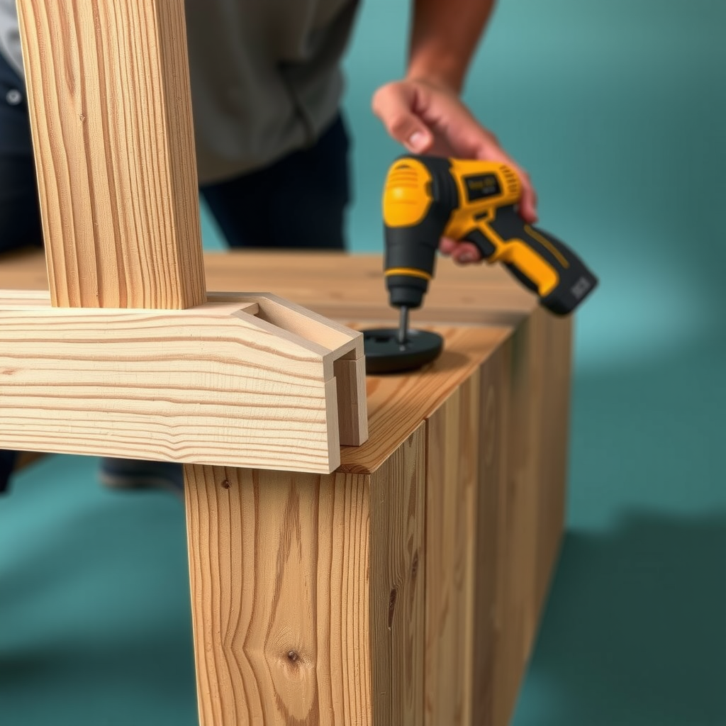 レイズドベッドの組み立て過程。コーナーブラケット、ネジ、電動ドリルを使用して木材を接合している様子