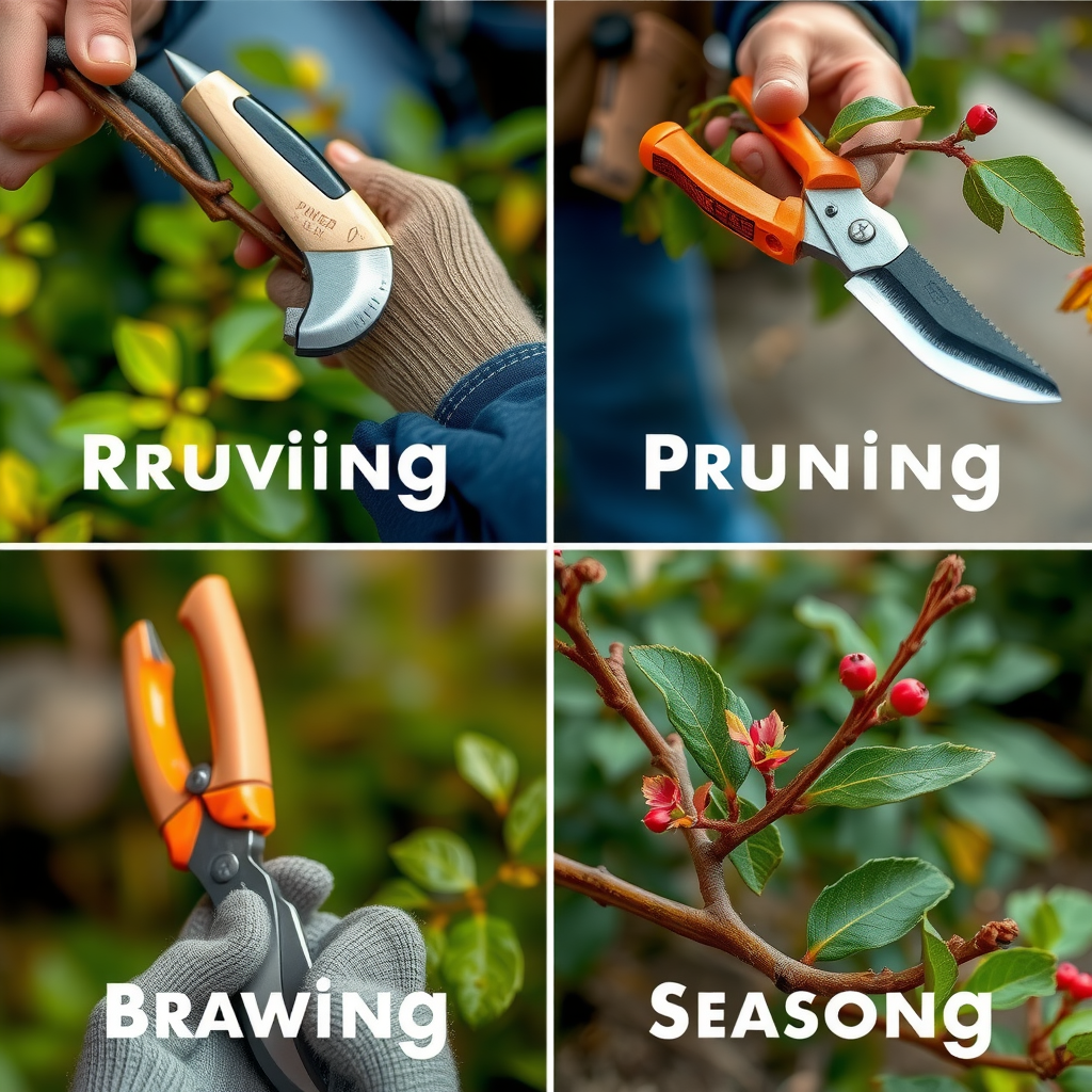 四季を通じた剪定作業のビジュアルガイド、各季節に適したツールと技術が示され、健康的な植物の成長を促進する方法が説明されている