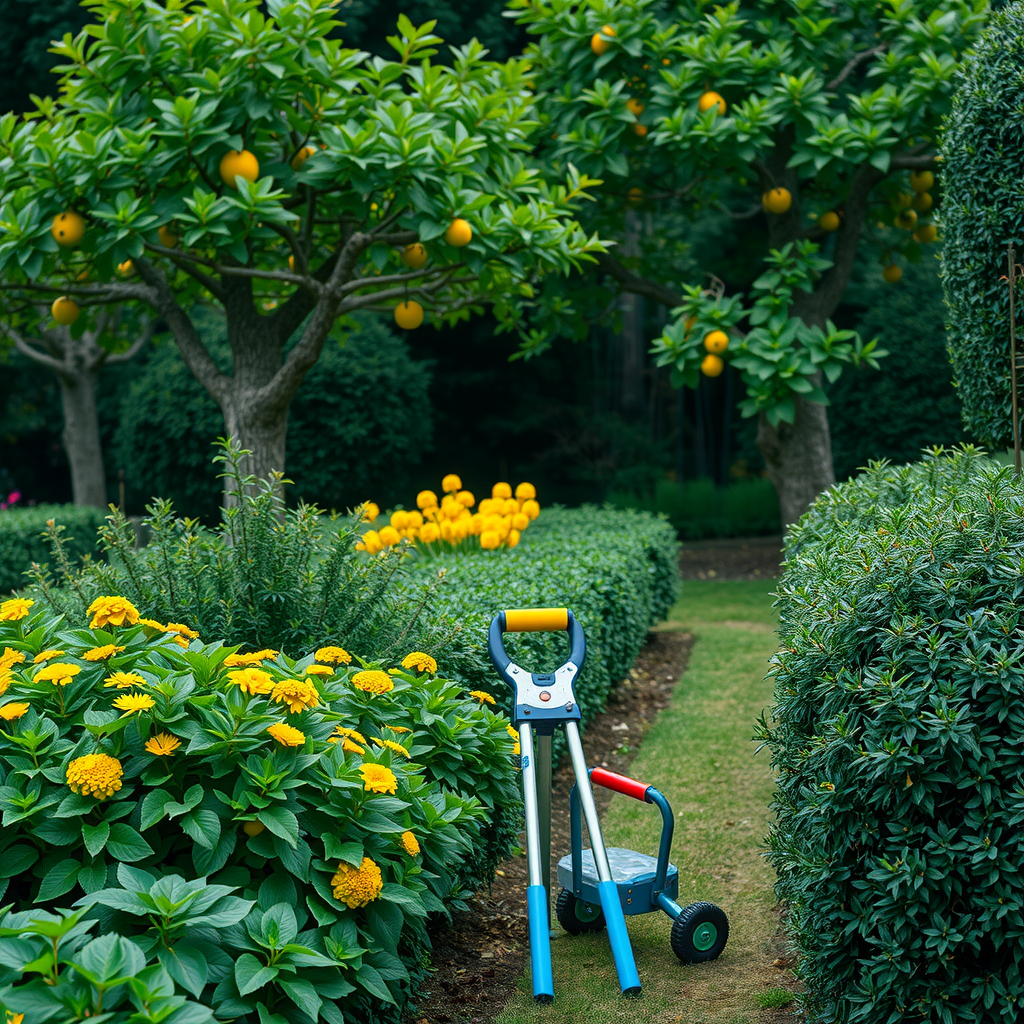 適切な剪定ツールと技術を使用して維持された美しく手入れされた庭園、健康的な植物、形の整った低木、繁栄する果樹が調和のとれた景観を作り出している