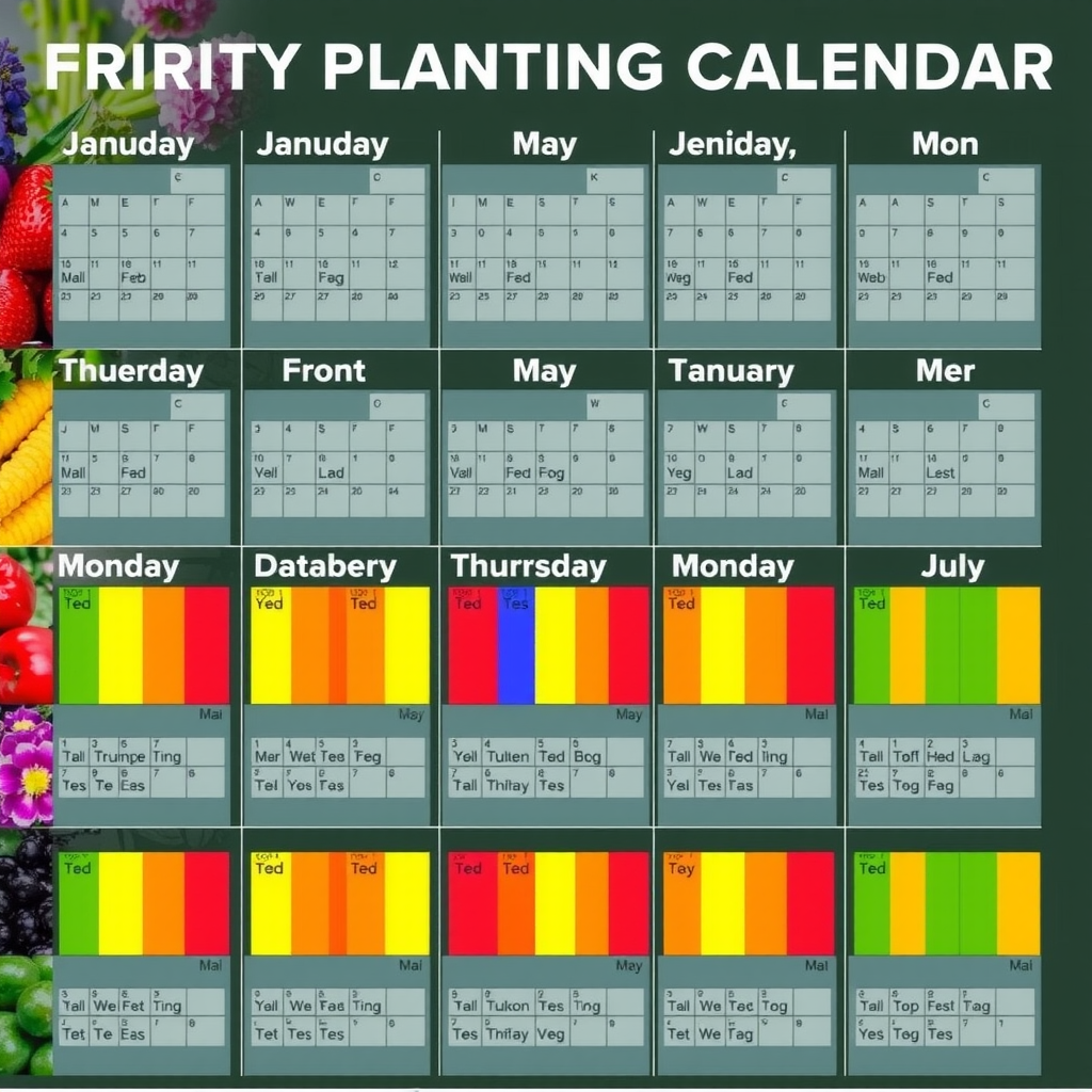 カラフルな植え付けカレンダー。1月から5月までの月が表示され、各野菜と花の最適な種まき時期が色分けされたバーで示されている